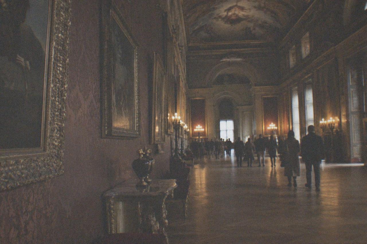 A long gallery in the Louvre with paintings hung on patterned walls beneath a painted ceiling