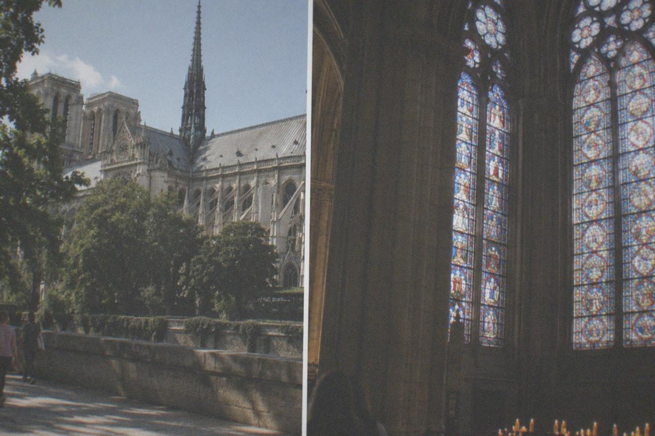 Stained glass windows glowing inside a Gothic chapel interior