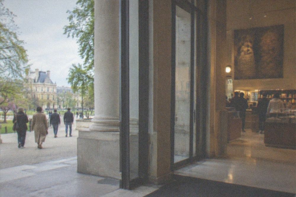 Ticket desk and bookshop counter inside a museum entrance hall