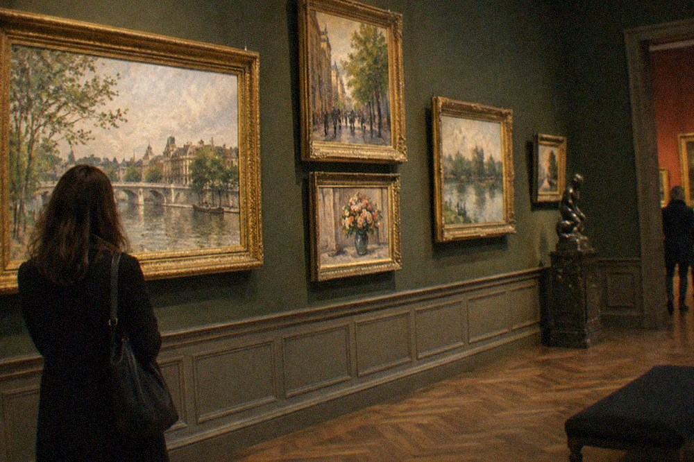 A gallery interior with framed Impressionist canvases hung close together