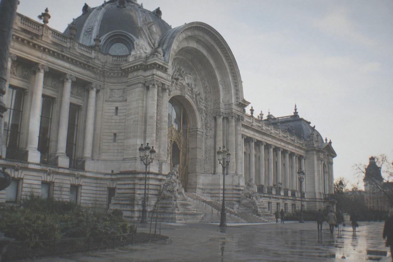 The ornate stone facade and gold-trimmed entrance of the Petit Palais seen from the Avenue Winston-Churchill