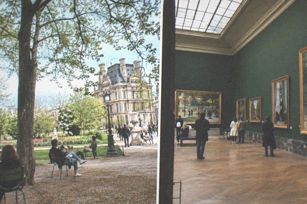 Impressionist gallery with large paintings hung on deep green walls beneath a tall glass roof