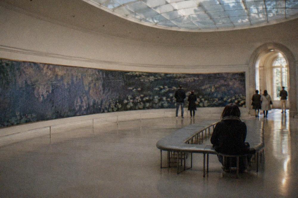 Wide view of an oval skylit gallery surrounded by curved Monet water lily panels